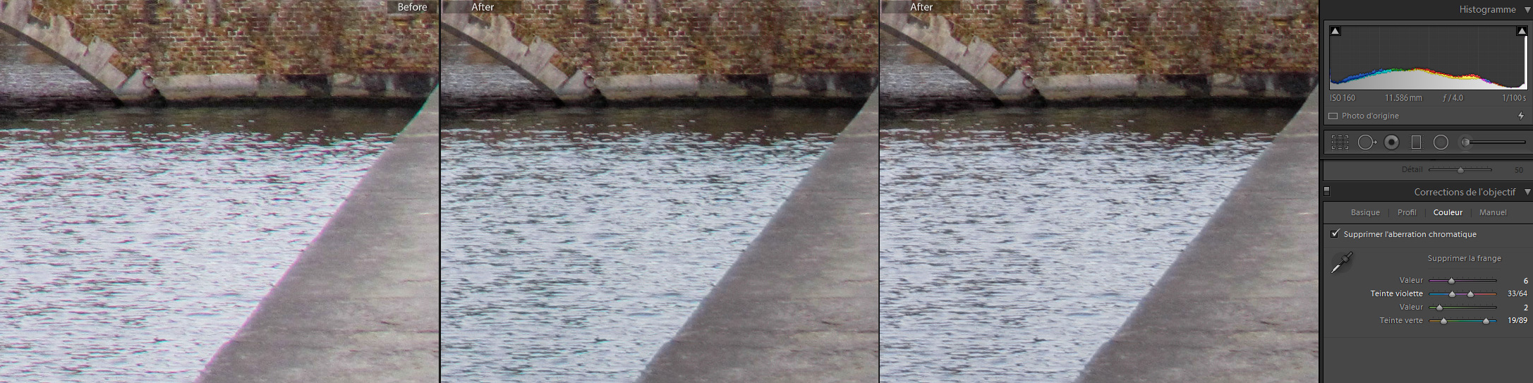 aberration chromatique - gauche : original ; milieu : après la première correction manuelle ; droite : correction complémentaire de la teinte verte