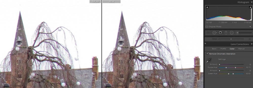 automatic removal of the chromatic aberration - left: original; right: automatic correction