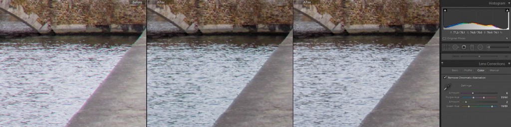 Chromatic aberration - left: original; center: after the first custom adjustment; right: further correction of the green hue
